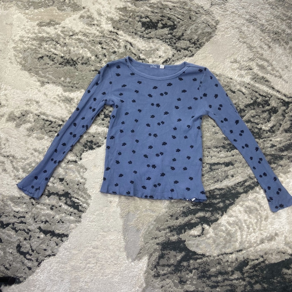 Gap Waffle Knit T Shirt Unisex Kids 2XL Blue Cotton Floral Lettuce Edge Hem Warm